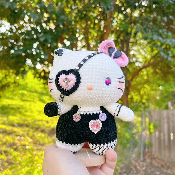 Hello Kitty Black Pink Style Crochet Doll | Handmade Gothic Hello Kitty - Picture 4 of 11